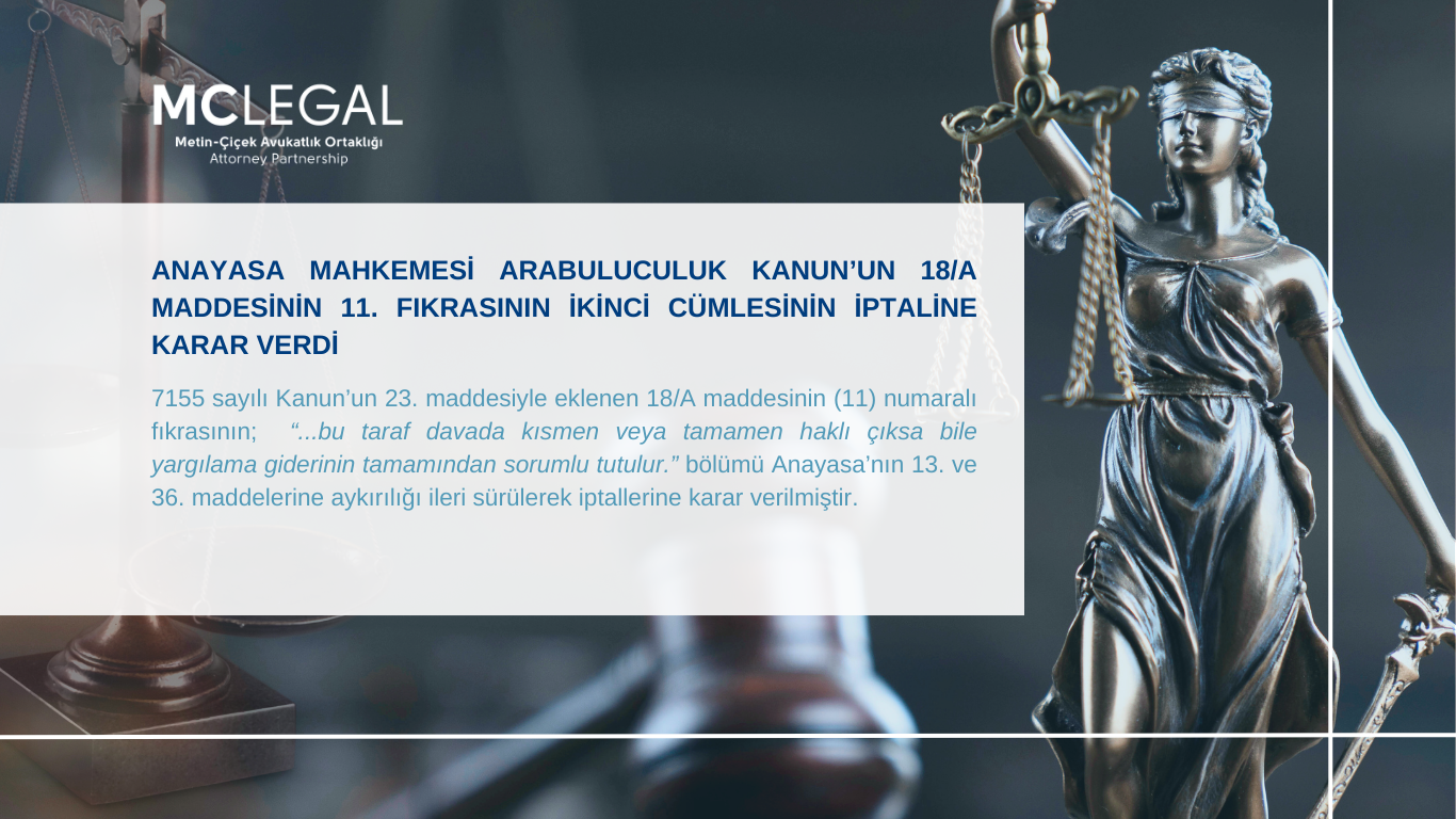 ANAYASA MAHKEMESİ ARABULUCULUK KANUN’UN 18/A MADDESİNİN 11. FIKRASININ İKİNCİ CÜMLESİNİN İPTALİNE KARAR VERDİ