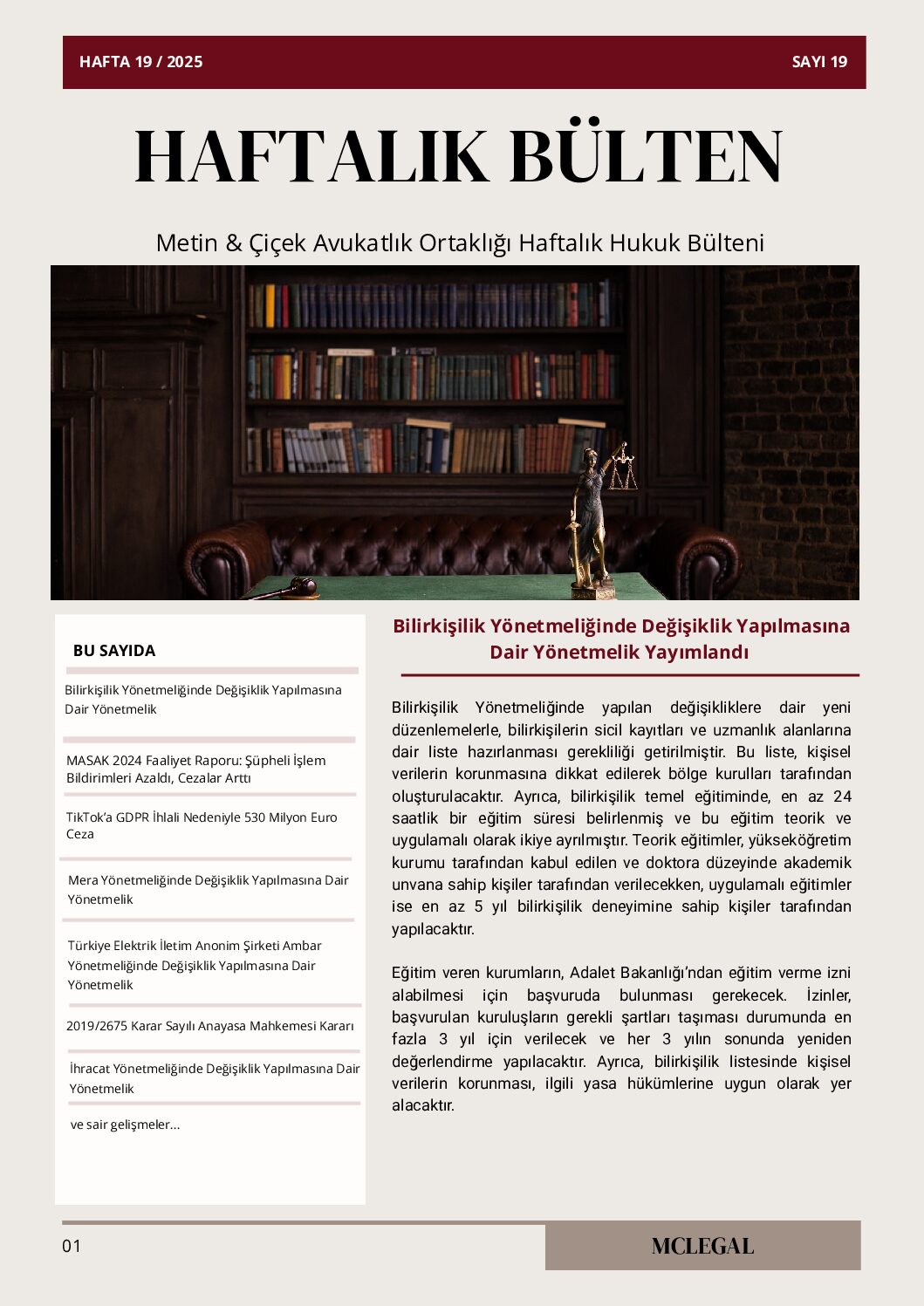 Haftalık Hukuk Bülteni 19. Hafta / Sayı 19