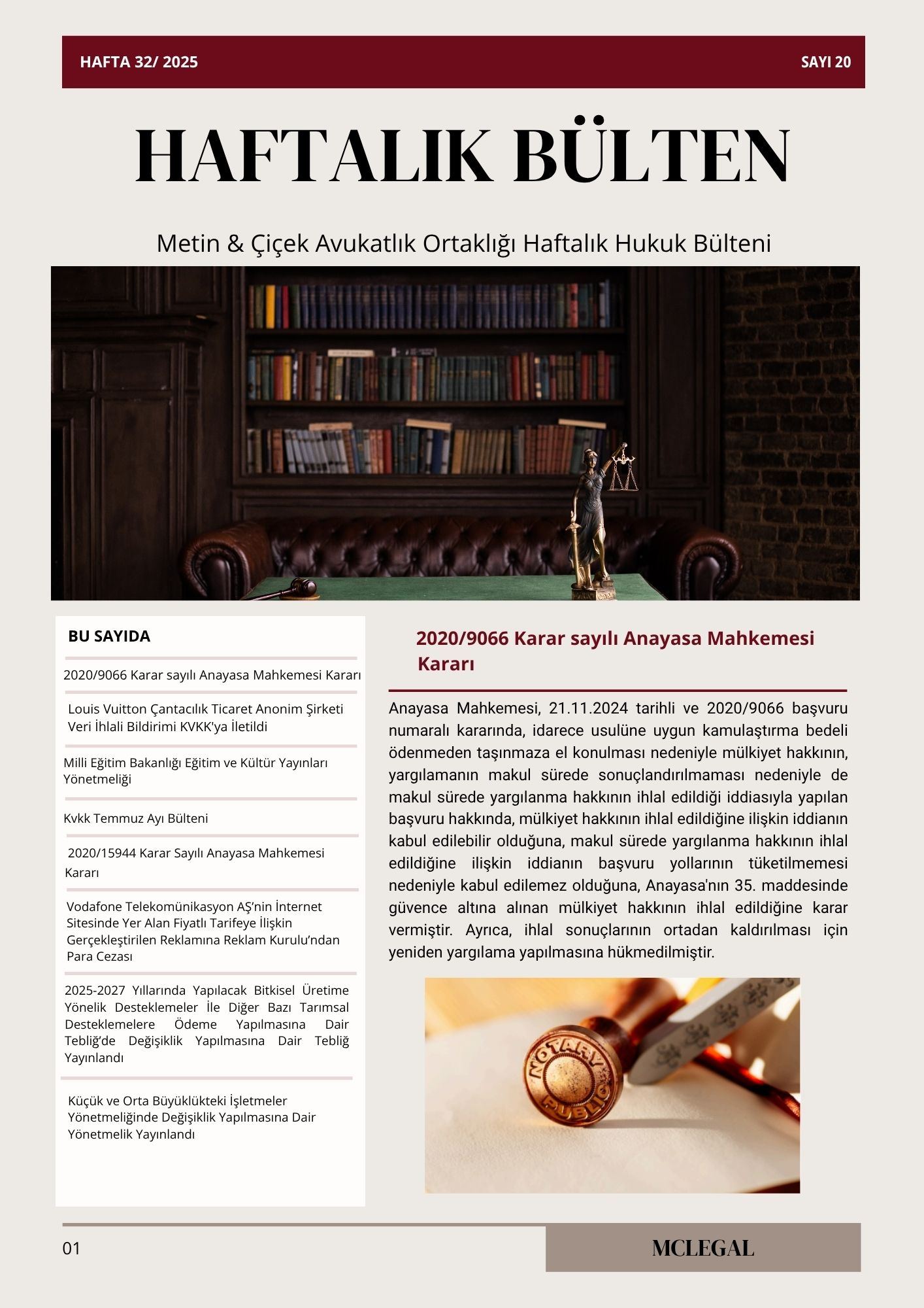 Haftalık Hukuk Bülteni 32. Hafta / Sayı 20