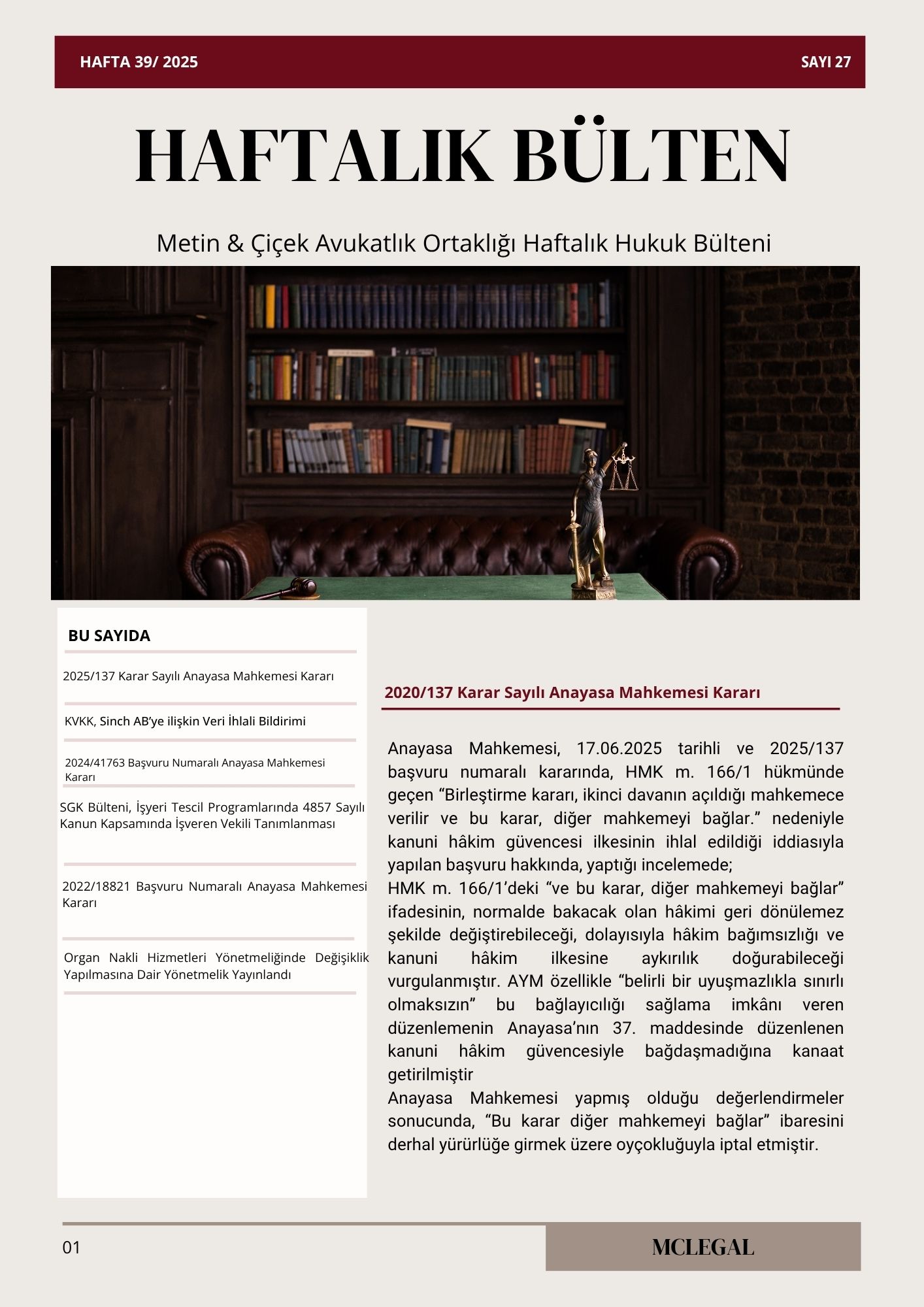Haftalık Hukuk Bülteni 39. Hafta / Sayı 27