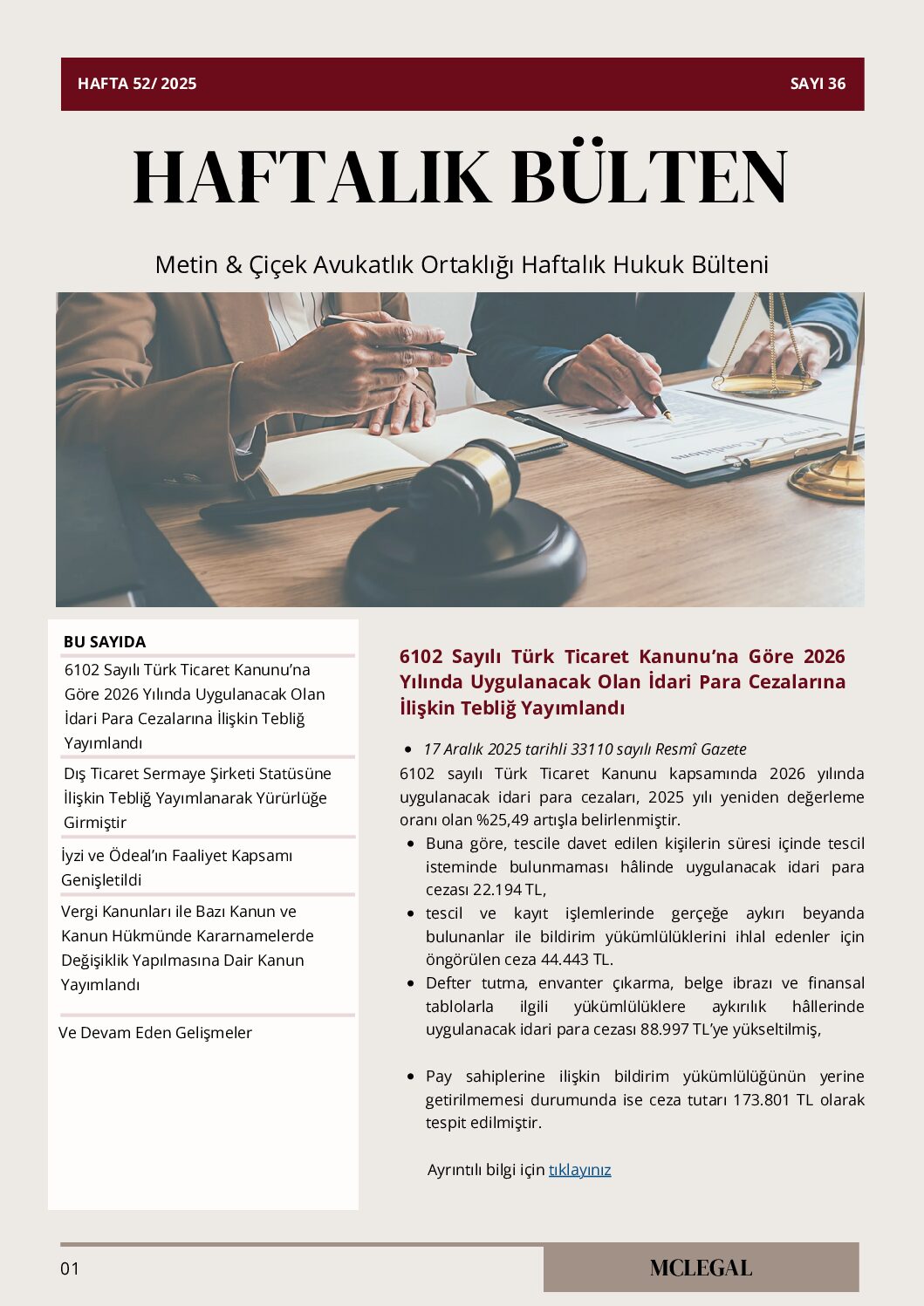 Haftalık Hukuk Bülteni 52. Hafta / Sayı 36